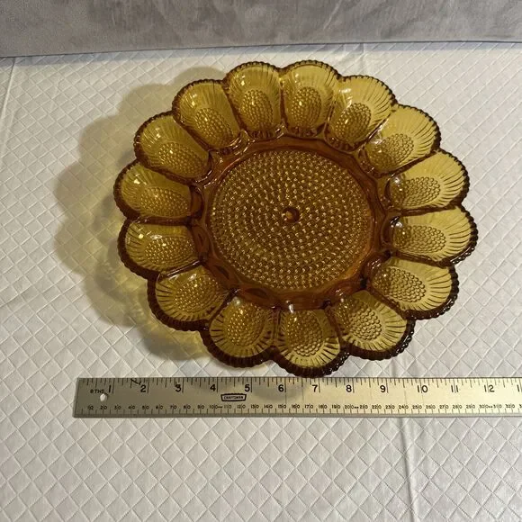 Vintage Amber‎ Thick Indiana Glass Hobnail Deviled Egg Platter Tray Dish - Picture 4 of 6